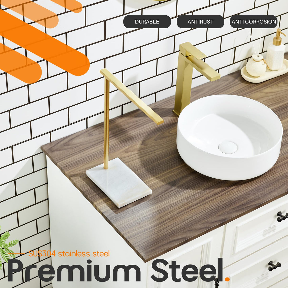 AONEON Hand Towel Bar for Bathroom Vanity Countertop 1-Tier Towel Holder Free Stand with Heavy Marble Base Thicken Steady, Gold Stainless Steel AN7002GD