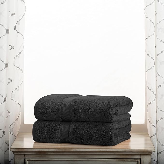 Superior Egyptian Cotton Pile Bath Towel Set of 2, Ultra Soft Luxury Towels, Thick Plush Essentials, Absorbent Heavyweight, Guest Bath, Hotel, Spa, Home Bathroom, Shower Basics, Black