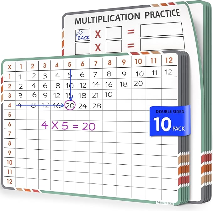 SCRIBBLEDO Multiplication Math 9”x12” Small White Board Dry Erase Sheets Math Manipulatives 3rd Grade Multiplication Times Table Chart Math Supplies Teacher Students Classroom Pack of 10 Sheets