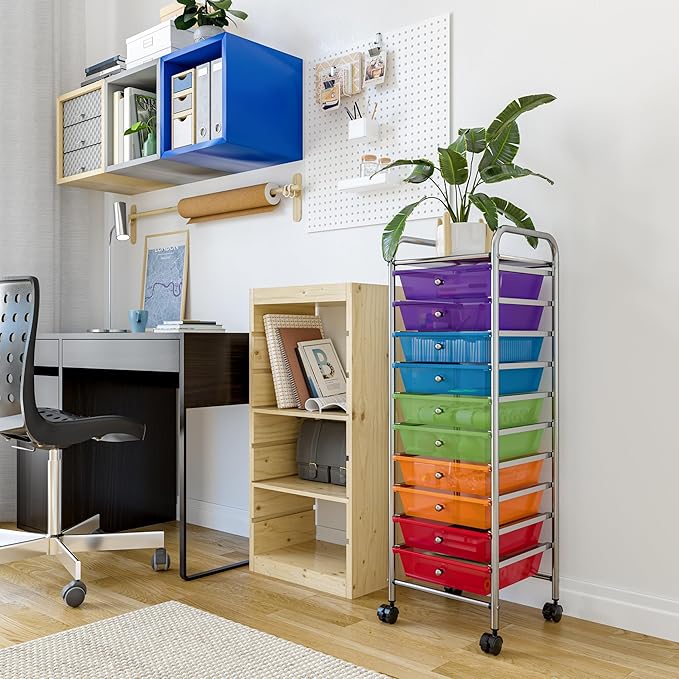 Seville Classics Rolling Utility Organizer Storage Cart, for Home Office, School, Classroom, Scrapbook, Hobby, Craft, 10 Drawer, Multicolor (Pearlized)