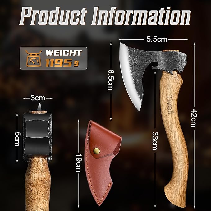 Tivoli Camping Hatchet Axe with Sheath – 16.5" High Carbon Steel Axe with Beech Wood Handle – Bushcraft Hatchet & Wood Splitting Axes for Gardening, Carving, Outdoor Adventures – Gift for Men