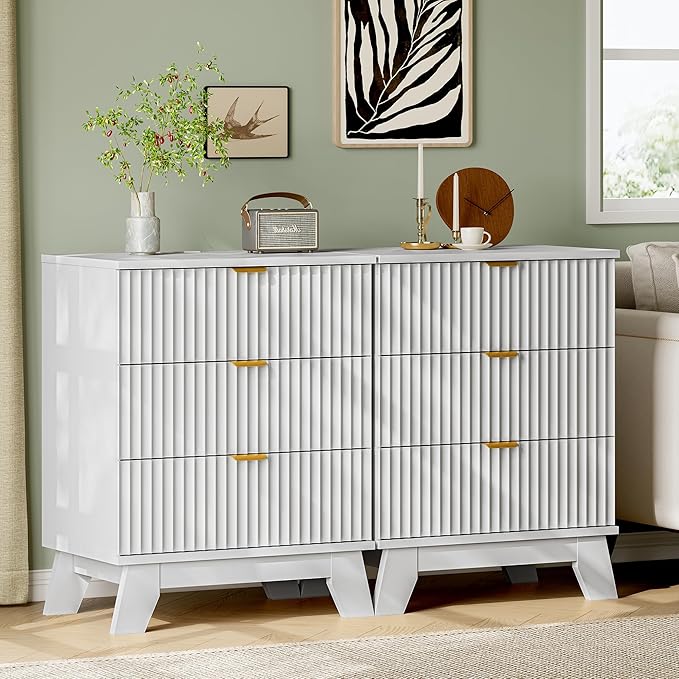 Fluted Nightstand with Charging Station, 24" Wide Bedside Table with 3 Large Storage Drawers, Modern Wood Side Table Night Stand, End Table Small Dresser for Bedroom, Living Room, Dorm, White