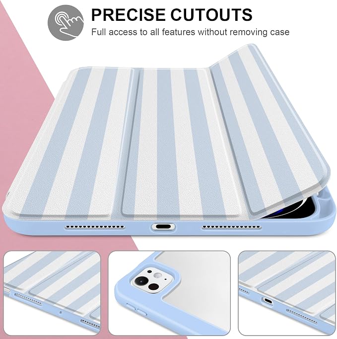 Case for iPad Pro 11 inch M5 2025 /M4 2024 Blue Ribbon Stripe | Blue Ribbon Stripe Folio Case with Clear Back Pencil Holder Trifold Stand and Auto Sleep/Wake for Preppy Aesthetic Users