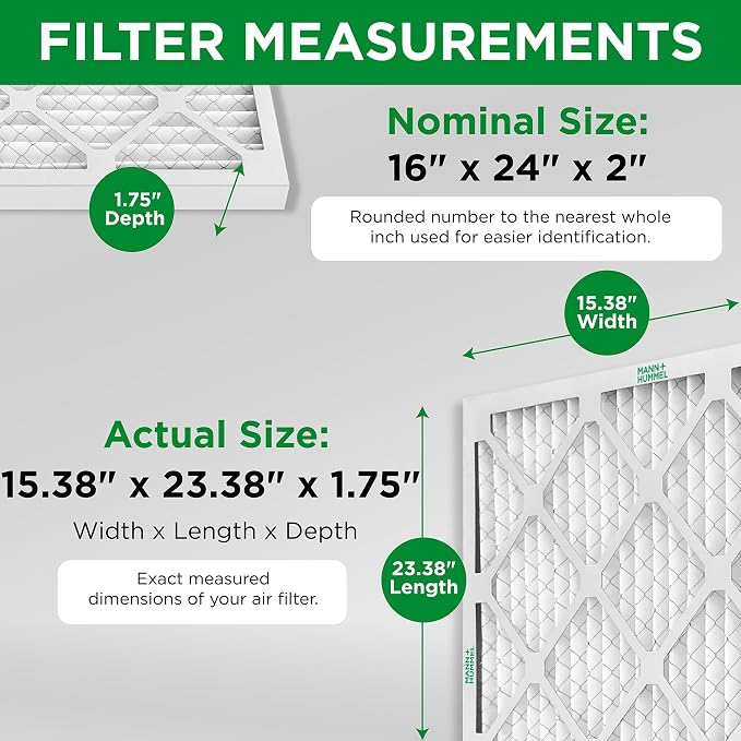 Mann+Hummel 16x24x2 MERV 8 Pleated HVAC AC Furnace Air Filters. 4 Pack.
