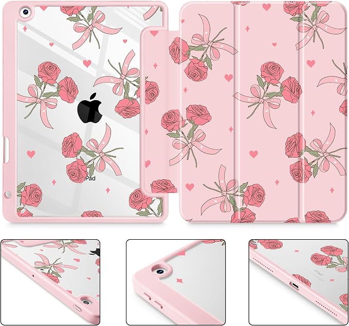 Case for iPad 9th/8th/7th Generation 10.2-Inch (2021/2020/2019 Release) with [Built-in Pencil Holder] Shockproof Cover with Clear Transparent Back Shell &amp Auto Wake/Sleep - Blue Bows