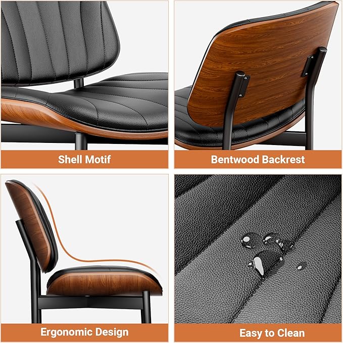 Dining Chairs Set of 8, Dining Room and Kitchen Chairs, FSC Certified Mid Century Modern Accent Chair, Upholstered PU Leather Chairs for Vanity with Walnut Bentwood and Metal Legs, Black
