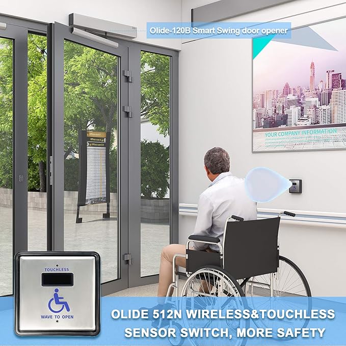 Olideauto Automatic Touch Free Door Opener+2PCS Wireless Touch Free Square 4.5'' Handicap Wave Sensor Switch Olide-512N and 1PCS Receiver