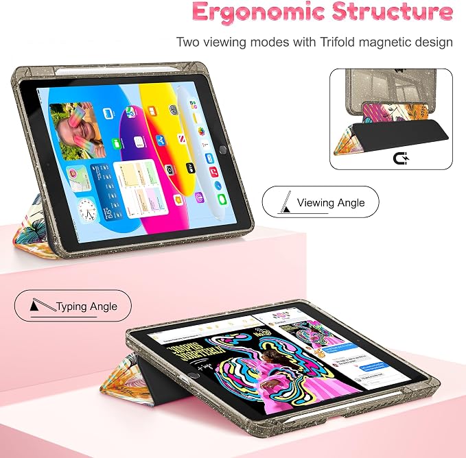 Mektron Sparkly Case for iPad 10.2 inch Glitter Tablet Cases for iPad 9th Gen 2021/8th Gen 2020/7th Gen 2019 Cover with Shiny Clear Back Shell Foldable Bling Smart Cover Blue Floral