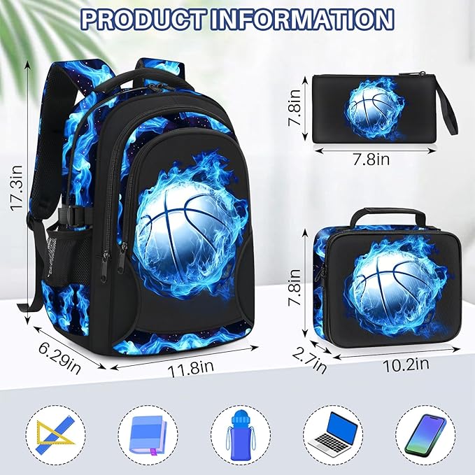 School Backpacks for Boys - 4pcs Basketball Boys Backpacks with Lunch Box Set for Kids Teens Elementary Middle School, 17″ Large Capacity Students Bookbag, Perfect for Travel