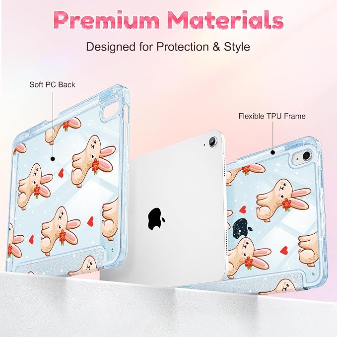 for iPad Air 11 inch M4/M3/M2 (2026/2025/2024) iPad Air 5th/4th Gen (2022/2020) 10.9 inch with Pencil Holder Glitter Clear Pretevtive Cover Auto Wake/Sleep Black Cartoon Stickers