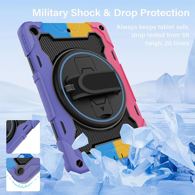 for iPad 9th 8th 7th Gen Case 10.2 inch with Screen Protector | 360° Rotating Kickstand Hand Strap Shoulder Strap Heavy Duty Military Grade - Kids Friendly