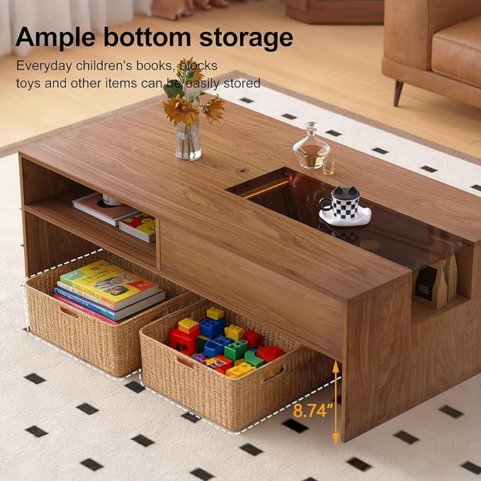 Modern Wood Coffee Table with LED Lights, 51.18" Rectangular Living Room Center Table with Glass Display, Hidden Compartment & Open Storage Shelves, Contemporary Coffee Table for Home Décor