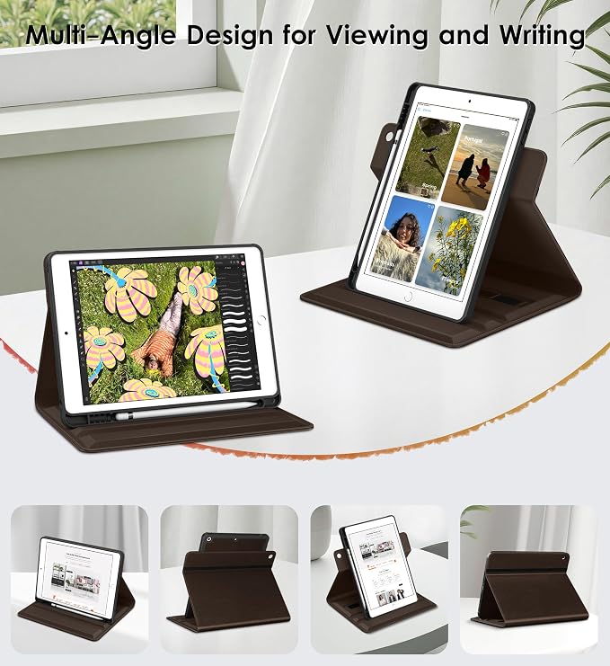DTTO for iPad 9th/8th/7th Gen Case 10.2 Inch (2021/2020/2019) Brown | 360 Degree Rotating Premium Faux Leather Folio Stand Cover with Pencil Holder Auto Sleep/Wake Multiple Angles Hand Strap