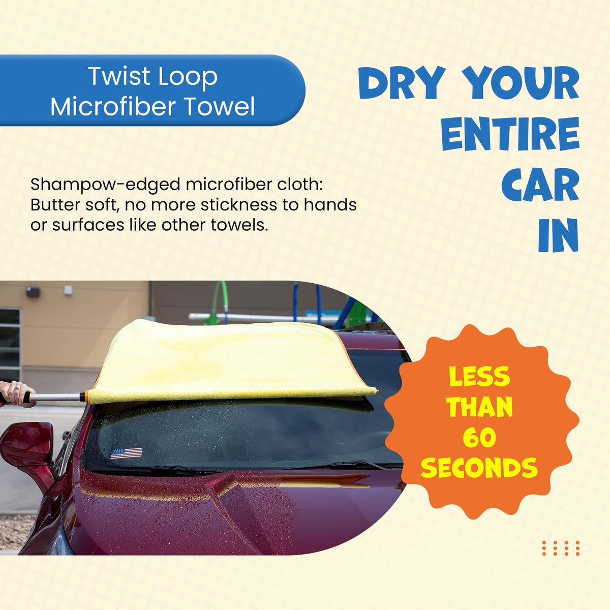 ShamPow 34"x34" Car Drying Towel with Pole, Streak Free, Lint Free, Reusable - Car Accessories, Bath Towels, Microfiber Cleaning Cloth for Car, Truck, SUV - One Pass is All You Need