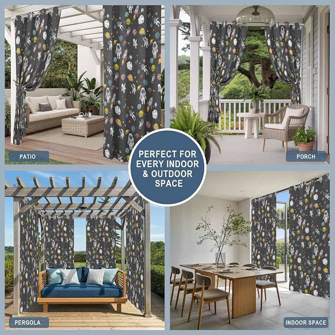 Cartoon Space Outdoor Curtains for Patio Rockets Planets Astronauts Gray