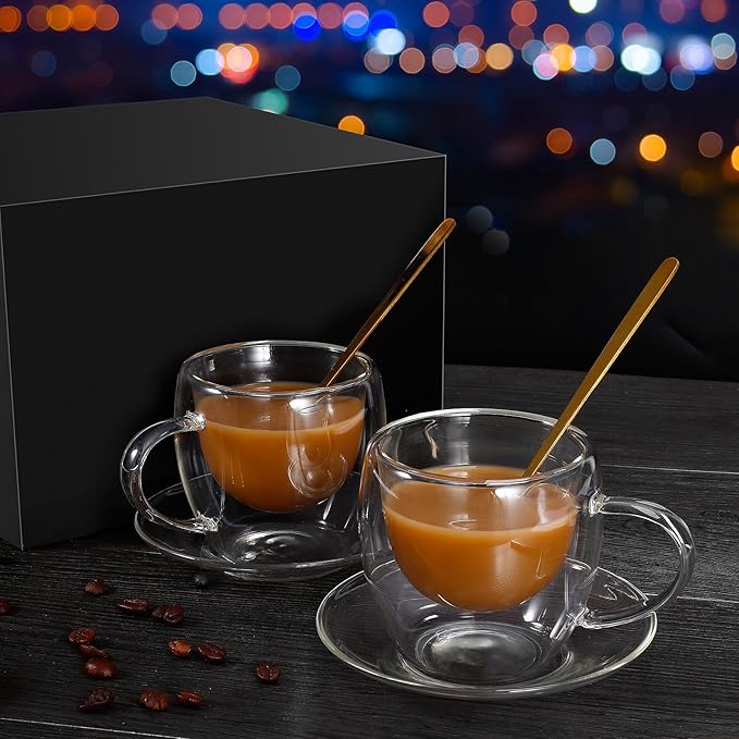 Clear Glass Coffee Cups with Spoons in a Luxurious Gift Box Set of 6 Pieces - 5.5oz in Sizes Double Wall Insulated Reusable Cups for Home Cafe Restaurant - Best Gift for Coffee Lovers