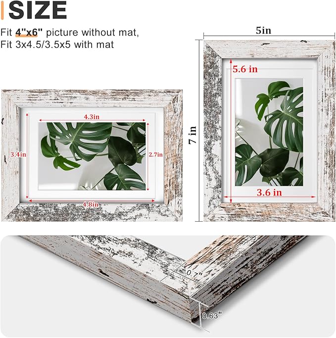 Egofine 4x6 Picture Frame Made of Solid Wood with Plexiglass, Display Pictures 3.5x5 with Mat or 4x6 Without Mat for Tabletop and Wall Mounting, Rustic White