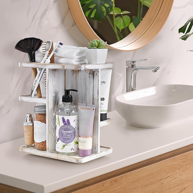 Sorbus 360° Makeup Organizer - Grey Rustic Wood Storage Carousel for Cosmetics, Make Up, Skin Care Organizer - Rotating Makeup Organizer for Vanity, Bathroom Storage, Bedroom, Kitchen, Desk, Dorm