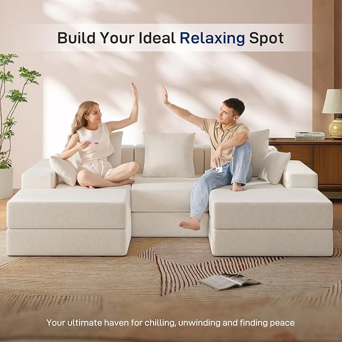 Living&Giving 101" U-Shaped Cloud Sectional Couch for Living Room, Cloud Boneless Couch-No Assembly with Reversible Chaise, Customizable 3-Seat Modular Sectional Sofa with 2 Ottoman, Beige