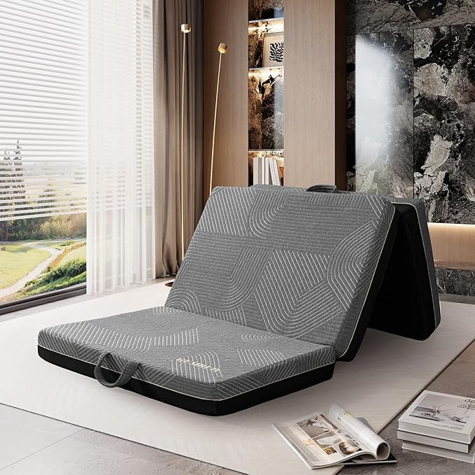 Tri Folding Mattress Queen Size - Memory Foam Tri-fold Mattres, Handle & Non-Slip Bottom, Portable Foldable Sofa Bed Floor Chair for Travel RV Camping Guest Yoga - 4 Inch, 78"x58"x4"