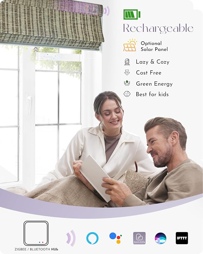 Graywind Smart Natural Roman Shades Compatible with Alexa Google Rechargeable Light Filtering Motorized Blinds with Remote Plain Fold for Doors Bedroom, Custom Size (Strip Brown)
