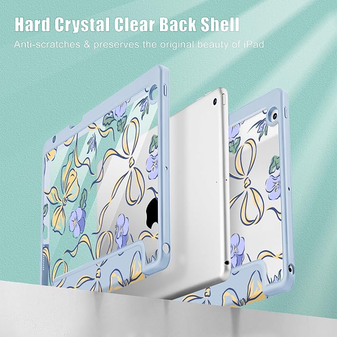 Case for iPad 9th/8th/7th Generation 10.2-Inch (2021/2020/2019 Release) with [Built-in Pencil Holder] Shockproof Cover with Clear Transparent Back Shell &amp Auto Wake/Sleep - Blue Bows