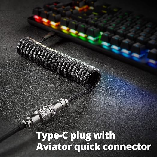 GUNMJO Pro Custom Coiled USB C Cable for Gaming Keyboard Double-Sleeved Mechanical Keyboard Cable with Detachable Metal Aviator 1.5M USB-C to USB-A Blue Color
