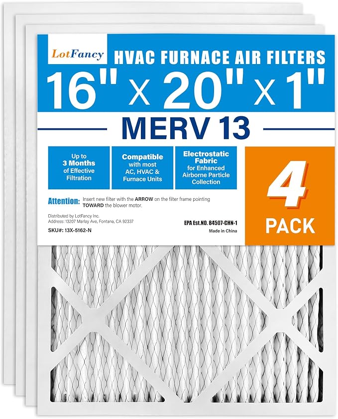 LotFancy 16x20x1 Air Filter MERV 13 4-Pack, Electrostatic Pleated HVAC Furnace