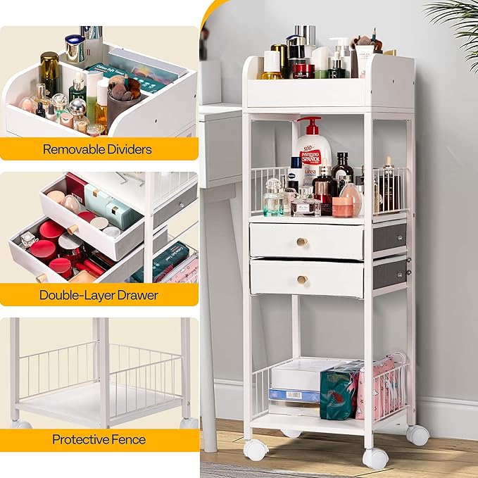 VIVOHOME Makeup Organizer with Drawers, Cosmetics Display Cases, 2 Shelves Floor Skincare Organizer Cart, Vanity Organizer Holder for Perfumes, Nail Polish, Hair Tools, Bags, Gift for Mom, White