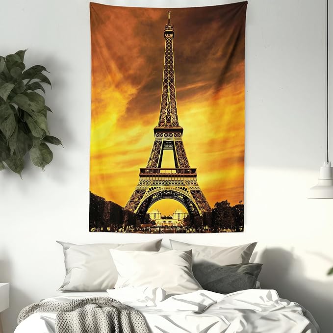 Ambesonne Eiffel Tower Tapestry, Paris Love City Monument in Dramatic Sunrise Picture of French Landmark, Fabric Wall Hanging Decor for Bedroom Living Room Dorm, 30" X 45", Yellow Brown