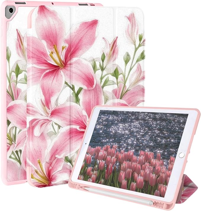 Case for iPad 9th/ 8th/ 7th Generation Case 10.2&amp10.5 Inch (2021/2020/2019 Release) Slim Lightweight Soft Trifold Back Cover with Pencil Holder &amp Auto Sleep/Wake Cover Cherries Cheetah Bows