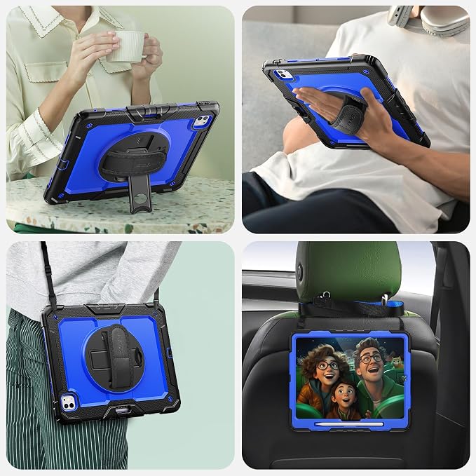 SEYMAC for iPad 9th/8th/7th Generation Case 10.2 2021-2019 Full-Body Shockproof Protective Case with Screen Protector Rotating Stand/Handle/Shoulder Strap for iPad 10.2 Blue/Black