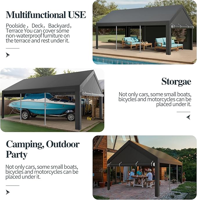 Shintenchi Carport 12' x 20' Heavy Duty Portable Garage, Carport Canopy with Side-Opening Door & Roll-Up Windows, Car Canopy for Truck,Car,Boat,Grey