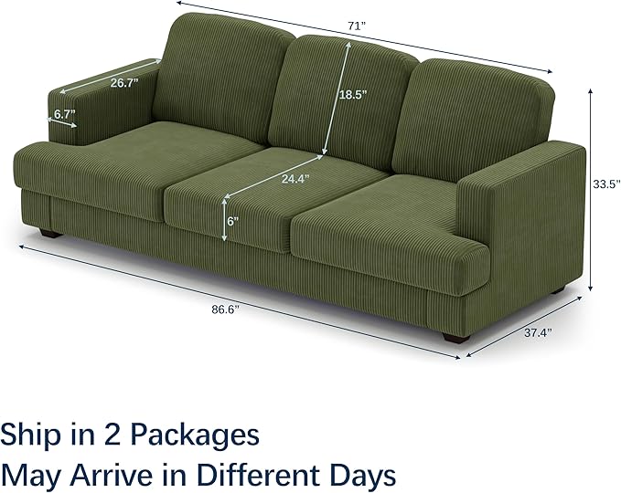 WiberWi 87 inch Couches for Living Room, Comfy 3 Seater Sofa with Deep Seat, Modern Green Corduroy Couch with Wide Armrests, Upholstered Backrests with Removable Cover