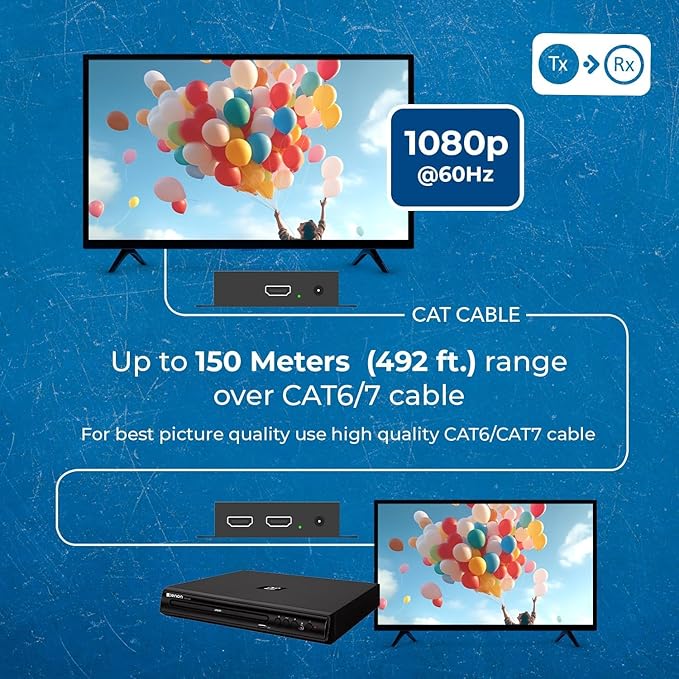 OREI HDMI Over Ethernet Extender with HDMI Loop Out, Bi-Directional IR, and PCM2.0 Audio – Extend 1080p@60Hz Up to 492ft Over CAT6/7