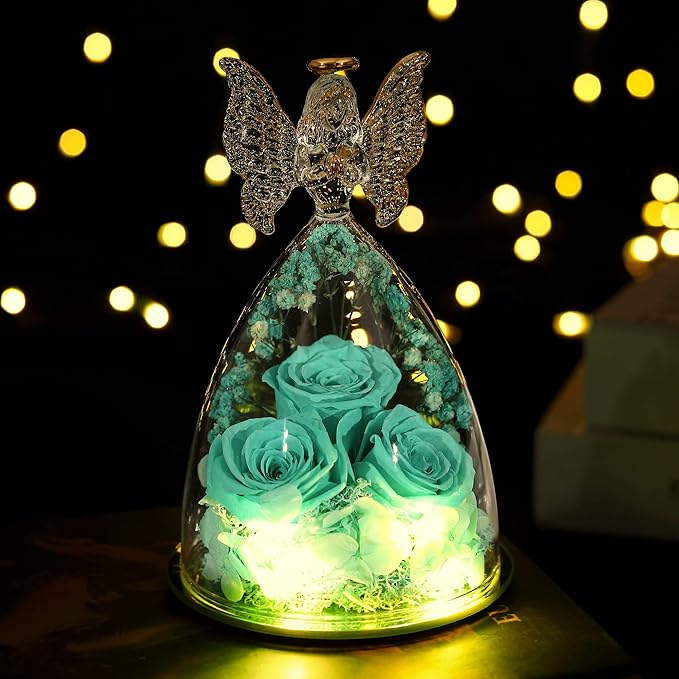 Ocosy Mothers Day Rose Gifts for her, Large Angel Rose Gifts for Women, Forever Real Roses in Angel Figurines, Angel Guardian with Roses Flower, Aqua Blue