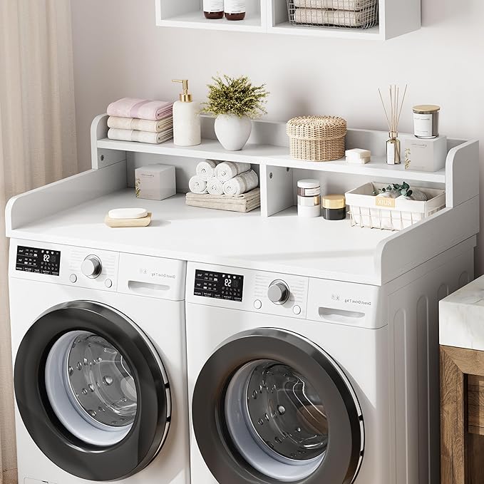 Garvee 54" Washer Dryer Countertop with 2-Tier Shelf, Wooden Laundry Countertop with Non-Slip Pad and Guard Rails, Washer and Dryer Topper for Laundry Room Organization