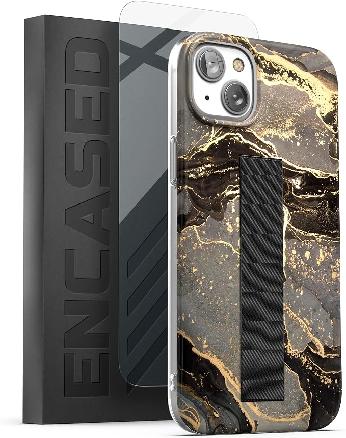 ENCASED Finger Loop Case Designed for iPhone 14 Plus Case with Hand Strap Phone Holder and Screen Protector (Black/Gold Marble)