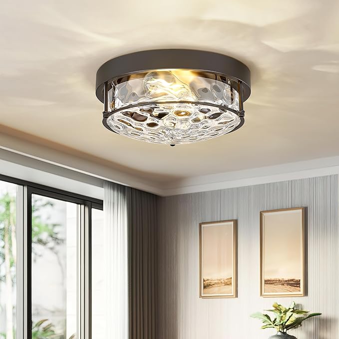12-Inch Flush Mount Ceiling Light, Modern Farmhouse Style with Hammered Glass Shade, Oil Rubbed Bronze Finish, Ideal for Living Room, Bedroom, or Dining Room – Model CKCL4822-2W-HGORB