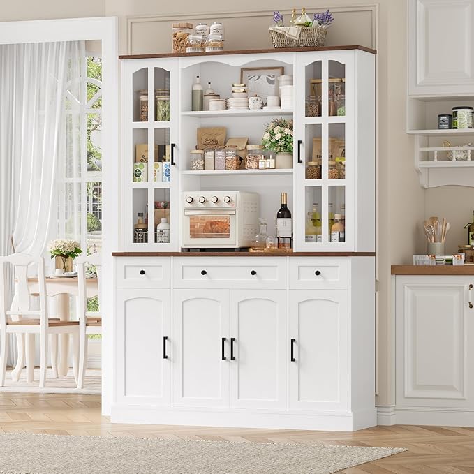 Keyluv 74.8" Tall Pantry Cabinet with Microwave Stand, Large Storage Kitchen Hutch with 3 Drawers & Adjustable Shelves, Arched Glass Door Buffet Cabinet for Kitchen, Dining Room, Living Room, White