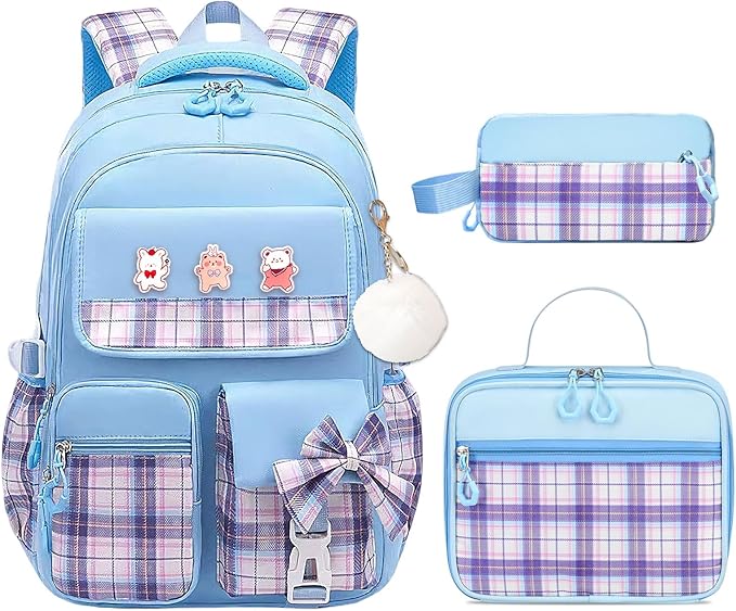 3PCS Girls Backpack Set for School - Cute Kids Bookbag with Lunch Box & Pencil Case, Stylish Backpack Combo for Girls Preschool Elementary Middle High School Students Teens Blue