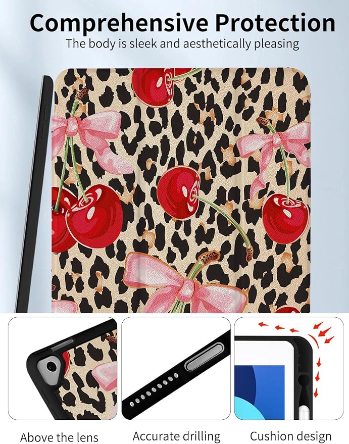 Case for iPad 9th/ 8th/ 7th Generation Case 10.2&amp10.5 Inch (2021/2020/2019 Release) Slim Lightweight Soft Trifold Back Cover with Pencil Holder &amp Auto Sleep/Wake Cover Cherries Cheetah Bows
