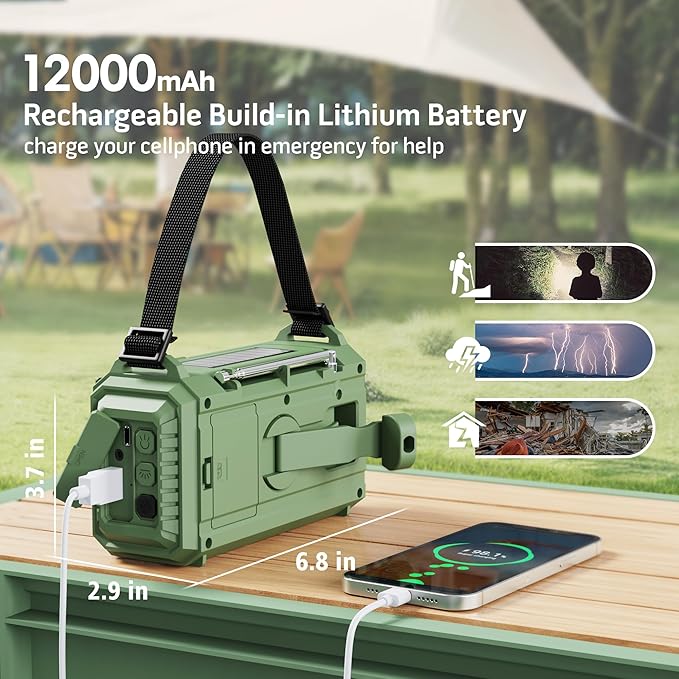 12000 Emergency Radio, NOAA Weather Radio with AM/FM/NOAA/SW,SOS Battery Operated Radio,5 Way Powered Emergency Hand Crank with USB Charger, Flashlight, Reading Lamp, Headphone Jack for Outdoor