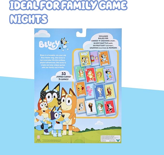 Bluey 5-in-1 Card Game Set, Jumbo-Sized 53-Deck Toddler Game, Multi-Color Interactive Play Card Games for Kids of Ages 3+