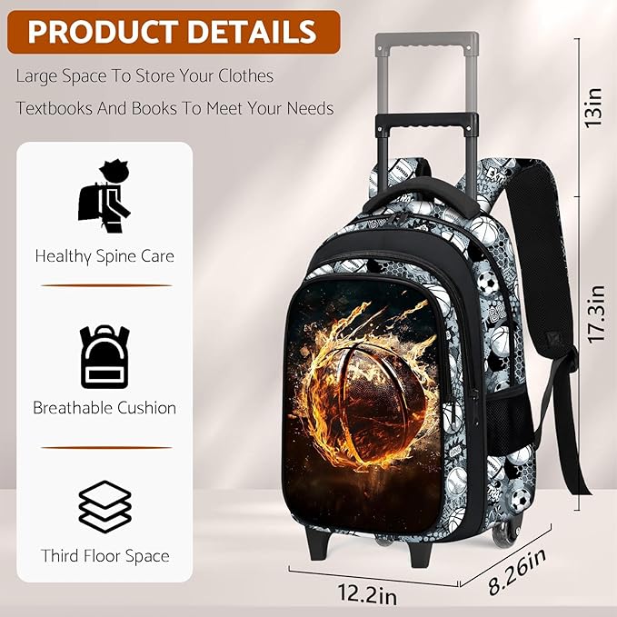 Boys Rolling Backpack for Kids - Basketball Kids Rolling Backpack with Wheels for Elementary Middle School Students - Sport Roller School Bookbag Aged 6-18, Wheeled Travel Bag Large Capacity