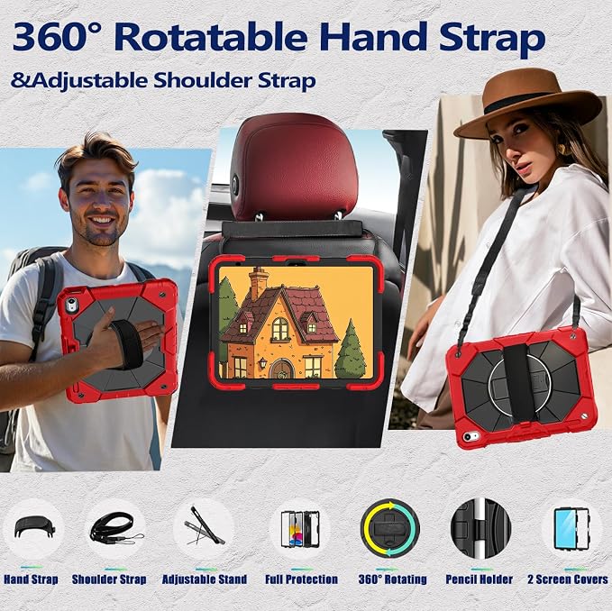 Weuiean Case for iPad A16 11th/10th Generation 11/10.9 Military-Grade Heavy-Duty Shockproof Cover with 360° Rotating Stand Built-in Pencil Holder &amp Adjustable Hand/Shoulder Strap - Black
