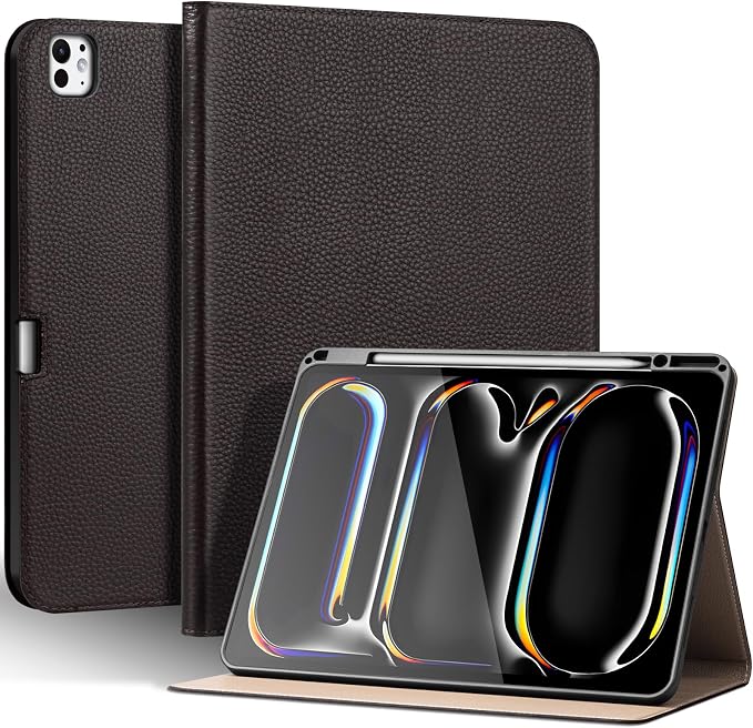 Genuine Leather Case for iPad 11th Gen 11/10th Gen 10.9 Black | Pencil Holder Adjustable Stand Auto Wake/Sleep Shockproof