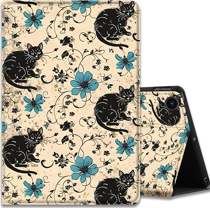 Case for Samsung Galaxy Tab A11 + Plus/A9 + Plus 11 Inch 2025/2023 Ultra-Thin Multi-Angle Protective Cover with Auto Sleep/Wake Black Cat and the Blue Flower