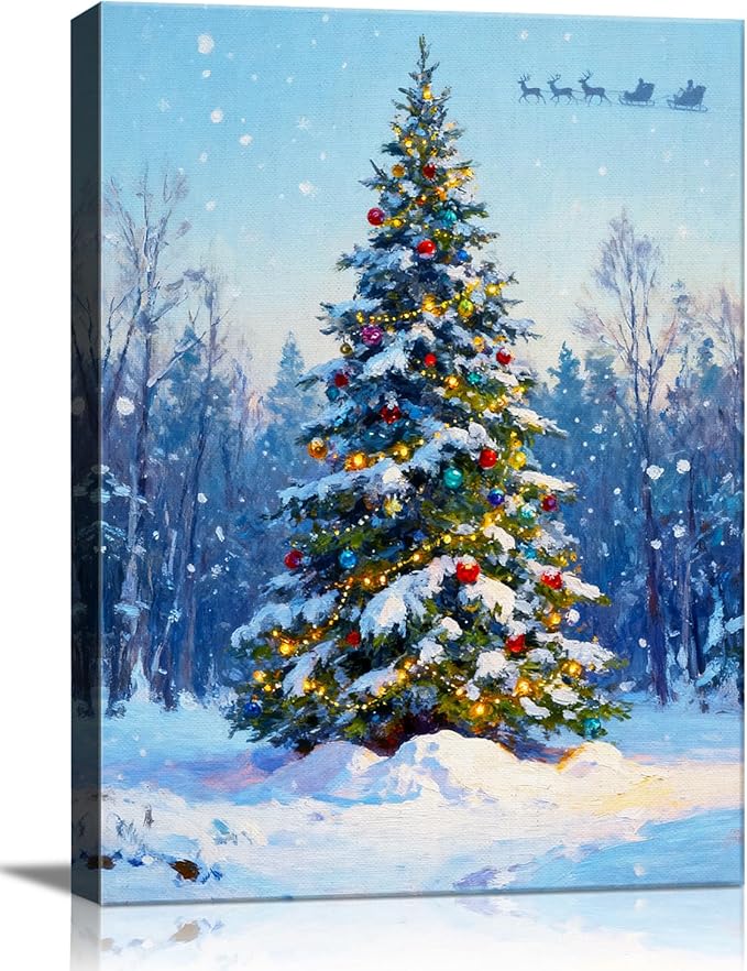 Snowy Christmas Tree Canvas Wall Art - Winter Wonderland Landscape Framed Canvas Prints for Home Office, Festive Christmas Wall Art Ready to Hang, Ideal Christmas Gifts & Holiday Decorations