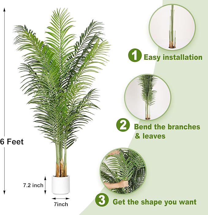 Artificial Palm Tree for Home Decor Indoor 6Ft Large Tall Fake Plants Faux Tropical Areca Palm Silk Floor Plant in Pot Living Room Office Garden Decoration Housewarming Gift (2, 6 Feet)